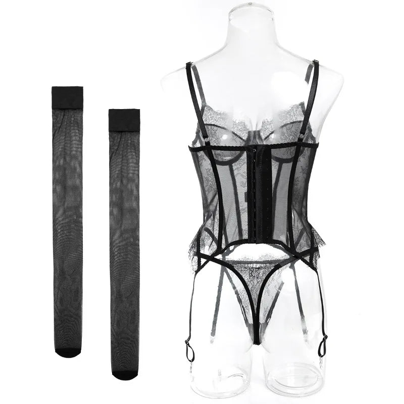 Toucheart Erotic Sexy See-through Lace Sling Women's Fishbone Breast Button Push-up Waist Women Hot Sexy Lingerie with Stockings