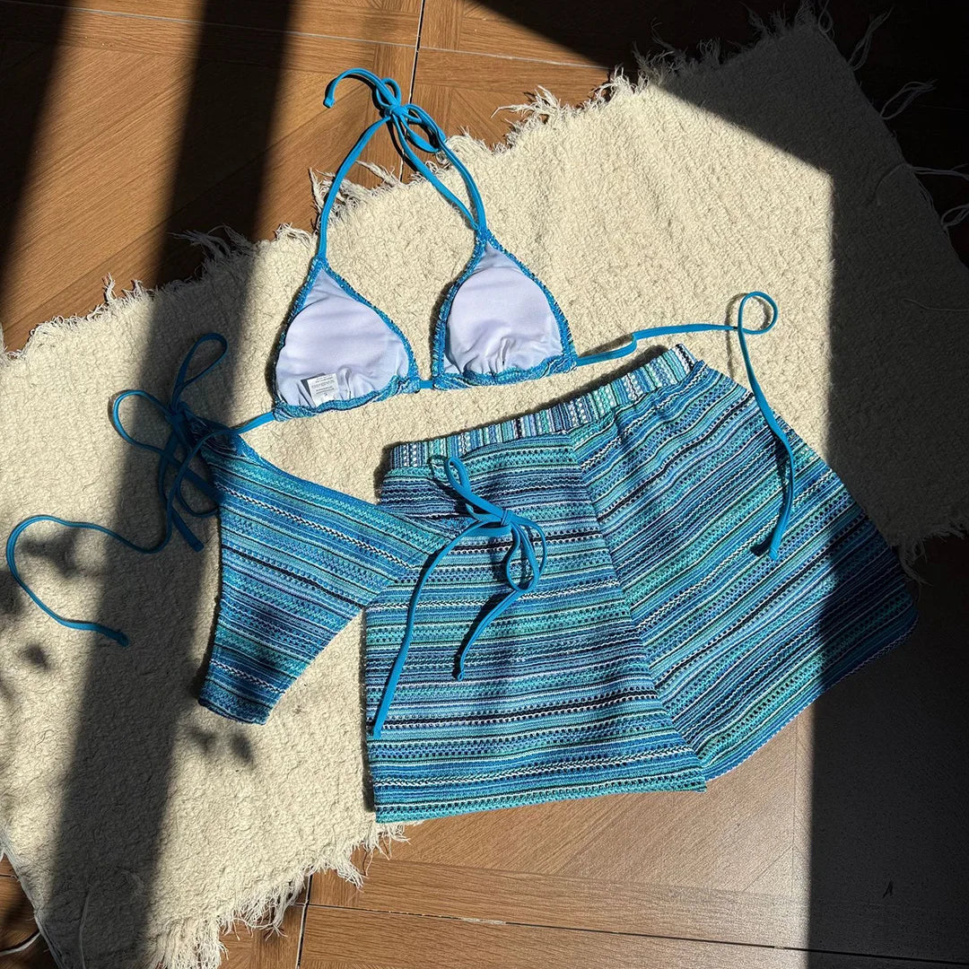 New Sexy Striped Halter Bikini Women Swimwear Three-pieces Bikini set With Shorts Female Swimsuit Bathing Suit Bather Swim V6326