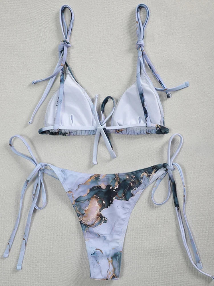 2026 Marble Printed Micro String Bikini Women Swimsuit Female Swimwear Two Pieces Bikini Set Tie Side Bather Bathing Suit Swim