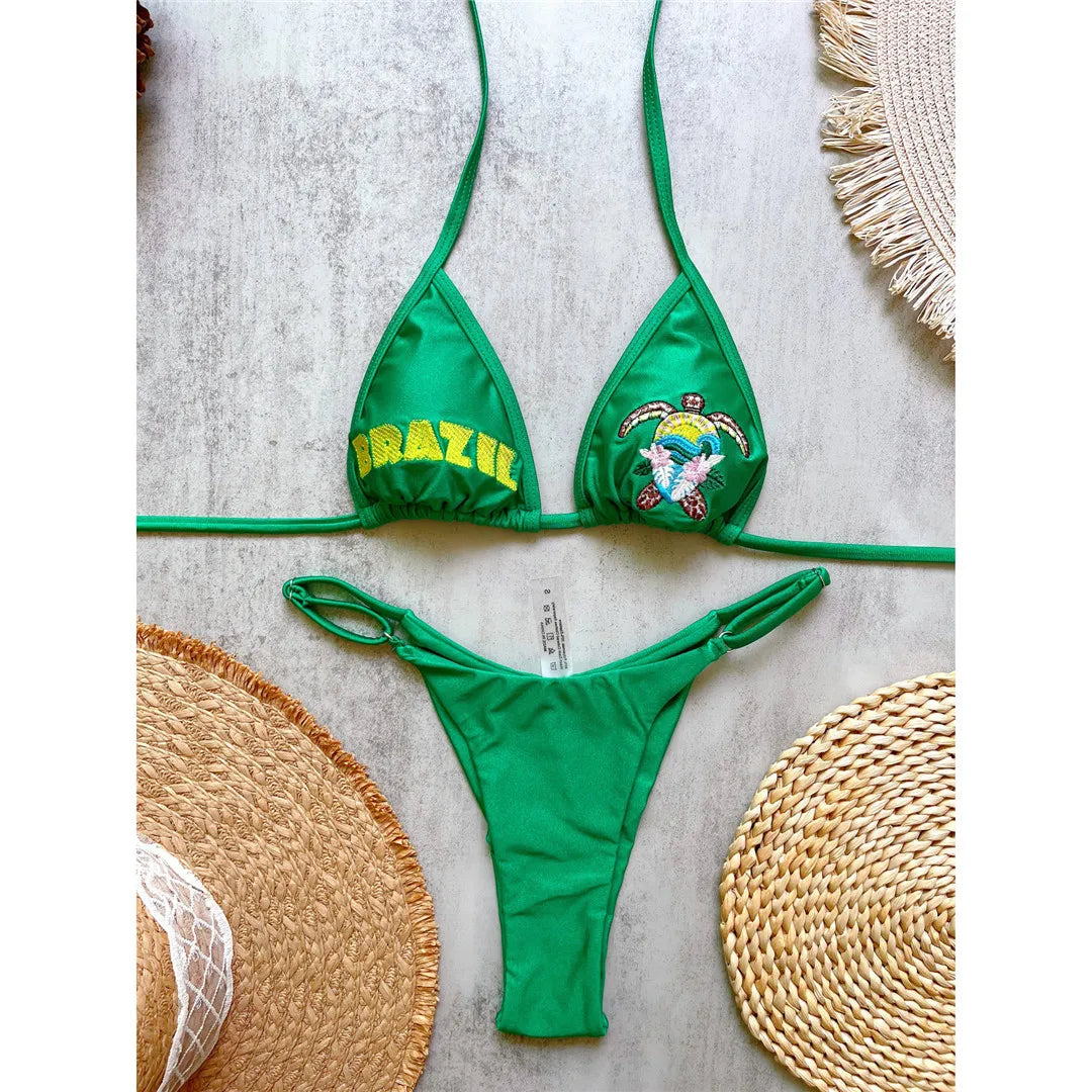 Brazil Letter Printed Halter Bikini Women Swimwear Female Swimsuit Two-Pieces Bikini Set Padded Bather Bathing Suit Swim V8352