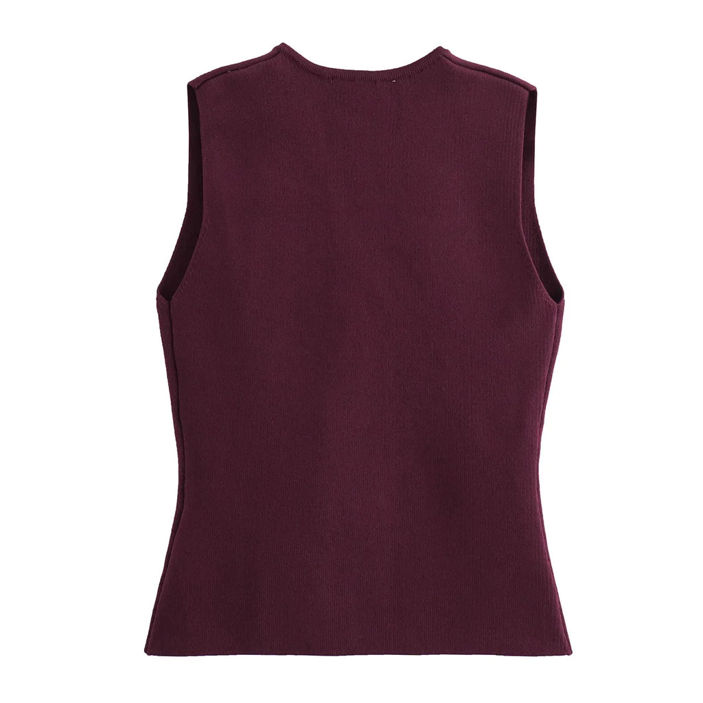 Foridol Gold Button Knitted Tank Top Women Autumn Winter Burgundy Short Vest Sleeveless V Neck Chic New Fashion Tops