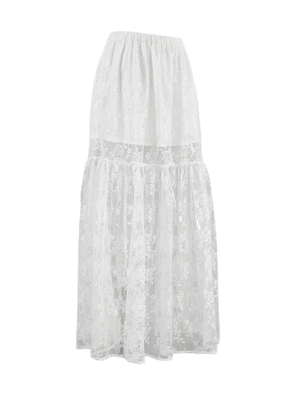 Women See-Through Lace A-Line Skirts Casual Summer Solid Color Elastic Waist Long Skirt for Beach Vacation Club