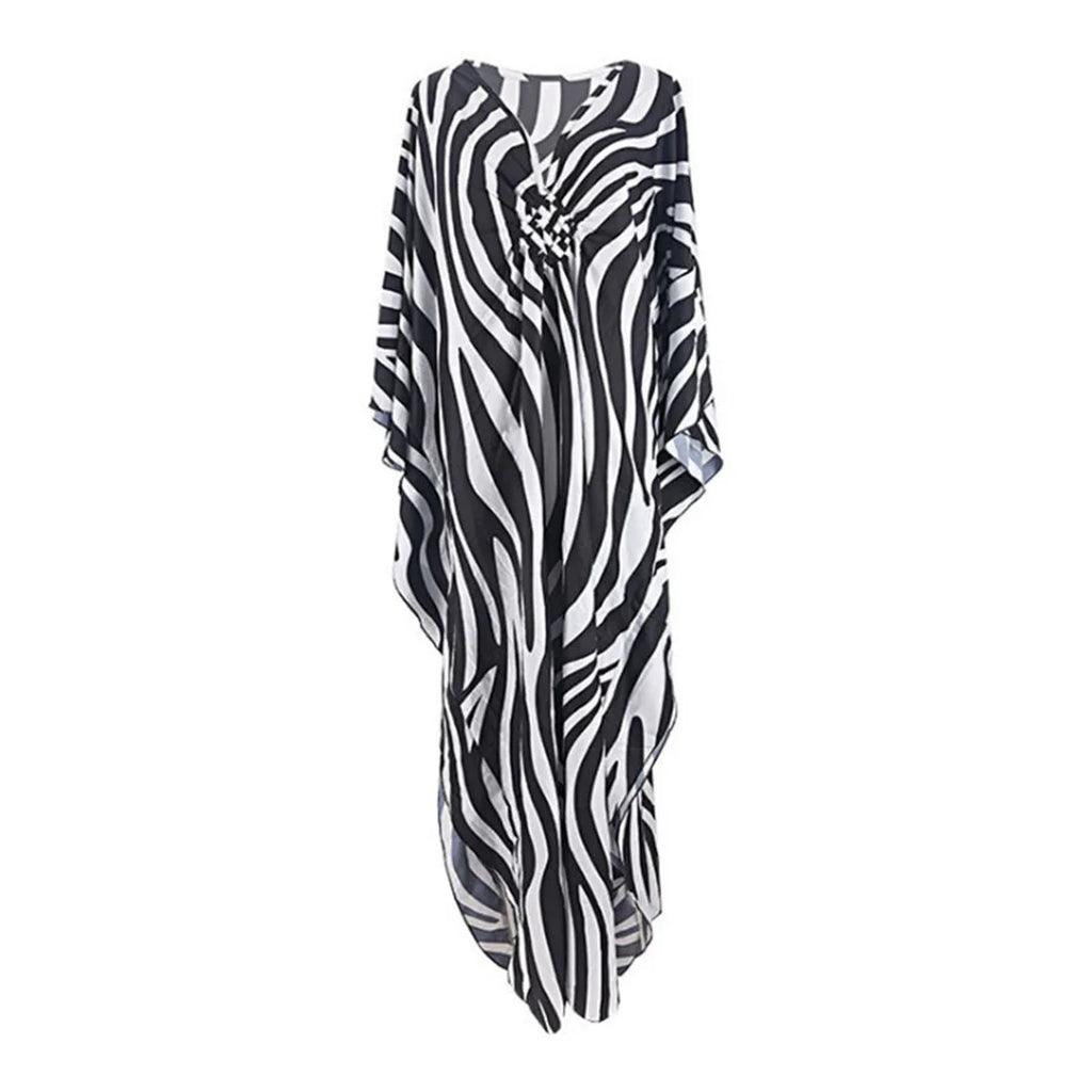 Sexy Zebra Printed V Neck Tunic Beach Cover Up Cover-ups Beach Dress Beach Wear Beachwear Beach Long Dress Female Women V4159
