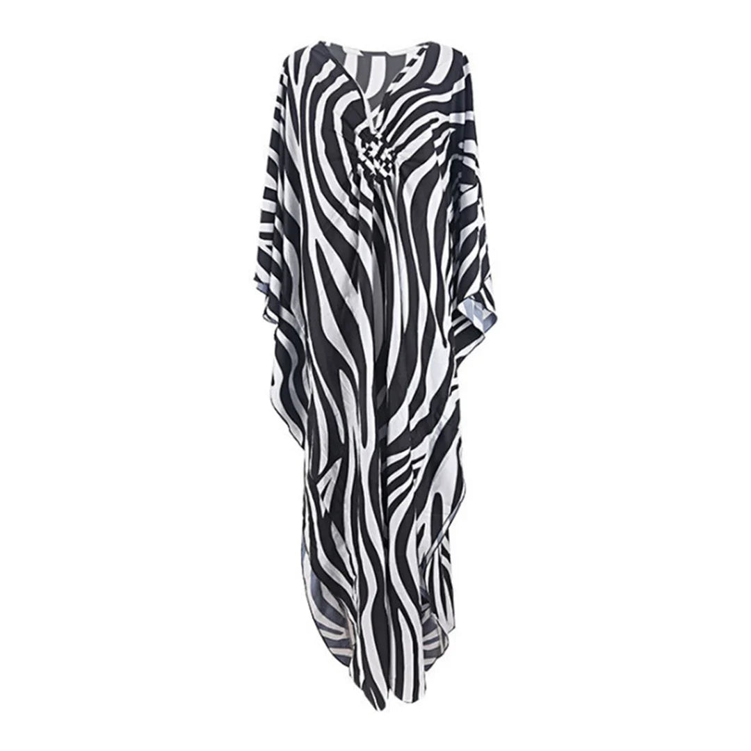 Sexy Zebra Printed V Neck Tunic Beach Cover Up Cover-ups Beach Dress Beach Wear Beachwear Beach Long Dress Female Women V4159
