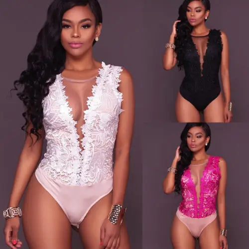 Sexy Lace Floral Bodysuits Women Summer Sleeveless V Neck Bodycon Bodysuit Jumpsuit Party Club Vintage Body Top Femme