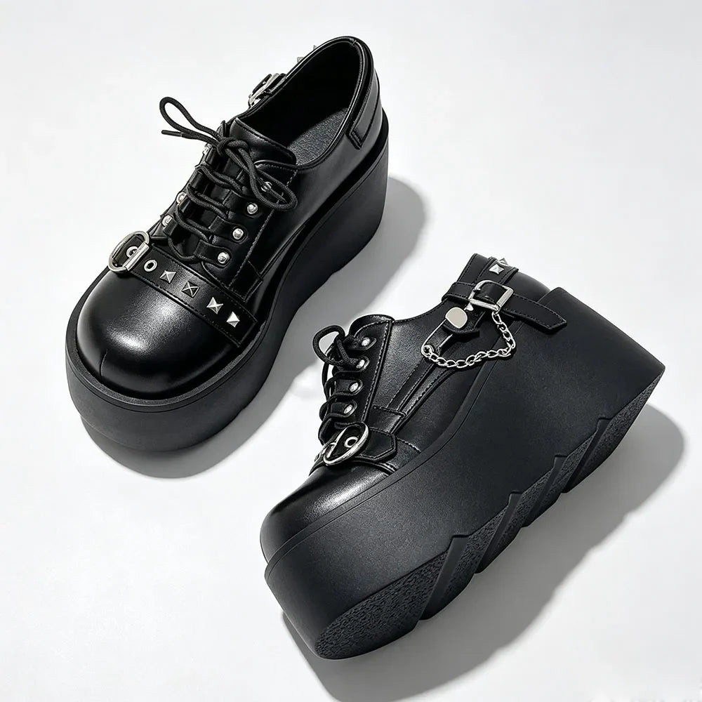 New Arrival Gothic Black Rivets Platform Creepers Shoes White Chain Decor Goth Creepers Chunky Lace Up Lolita Casual Shoes