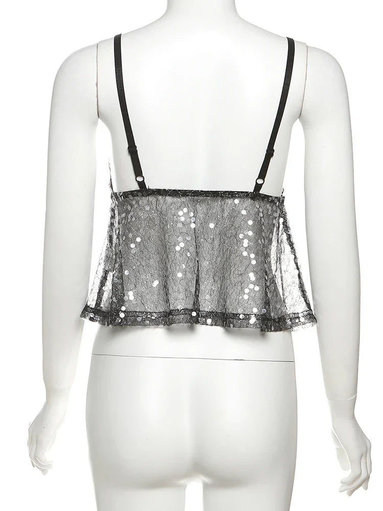 kliou Mesh Sequins Women Tops Summer Thin Shiny V-neck Backless Ruffle Trim Crop Camis Female Popular Hipster Sexy Streetwear