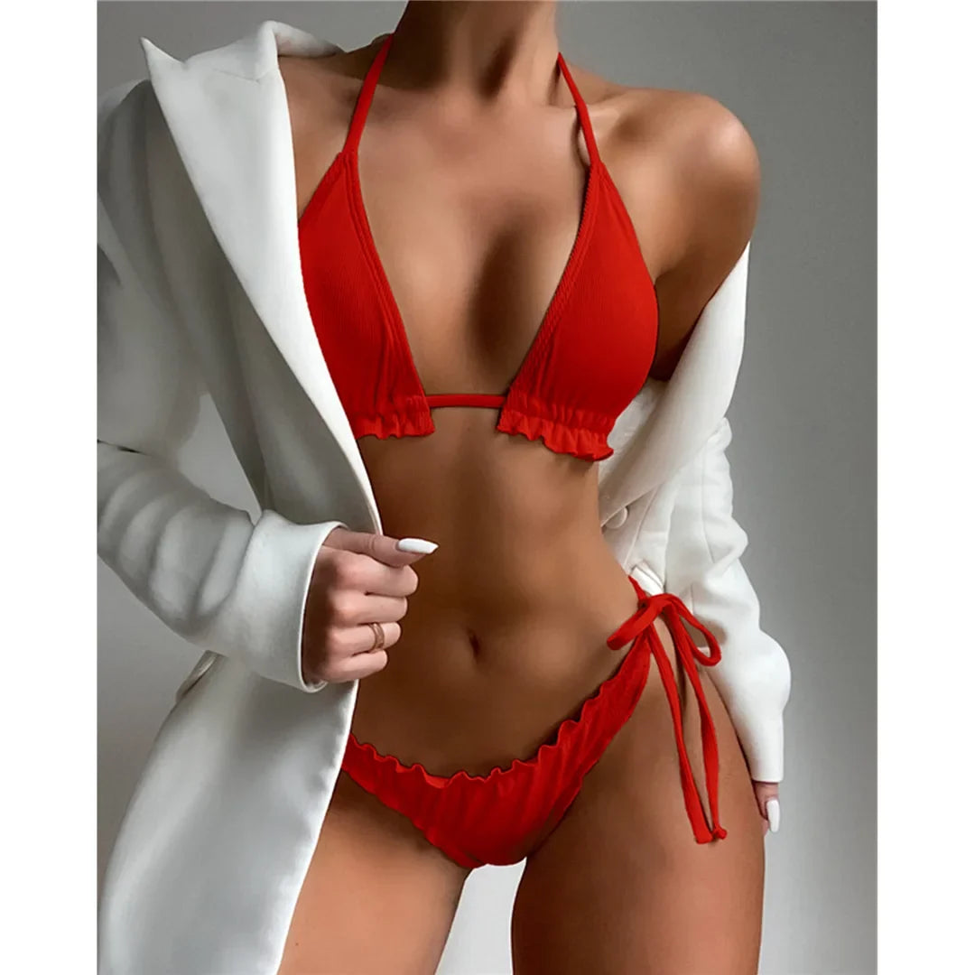 Ruffled Frilled Brazilian Bikini Women Swimwear Two-Pieces Bikini Set Female Swimsuit Halter Bather Bathing Suit Swim Lady V2817