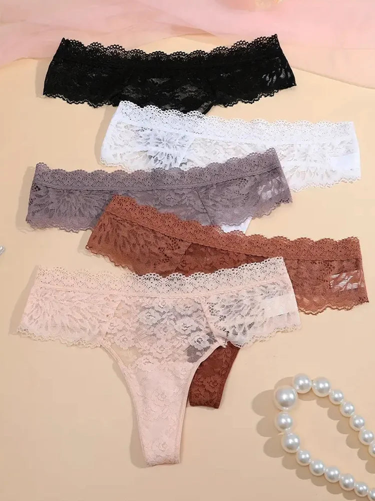 5Pcs Lace Sexy Thongs Women Low-Rise Briefs Sexy Soft Ladies Underwear Trendy Floral Underpants Female Flowery Panty Lingerie