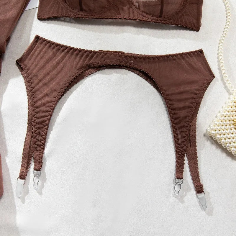 Toucheart Erotic Lingerie Comfortable Mesh Sexy Body Shaping Ultra-thin See-through Sexy Underwear Four-piece Set with Stockings