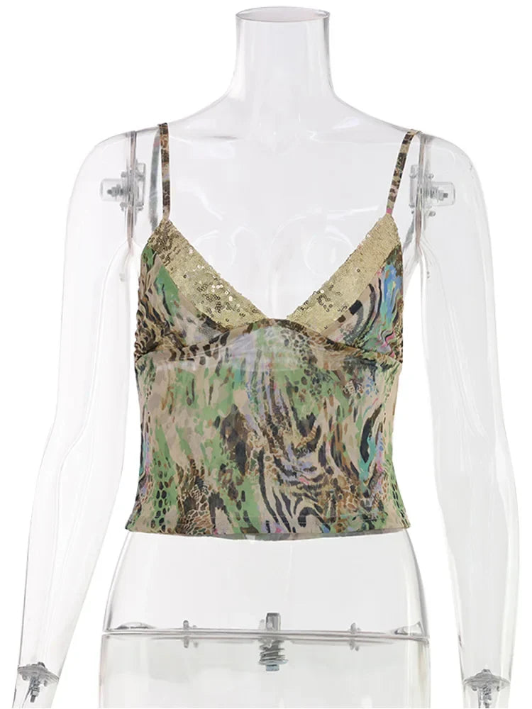 Ahagaga Fashion Sexy Women's Tops Sequin Patchwork Slimming Summer Print Personality Crop Top Short  Beach Sleeveless  Backless