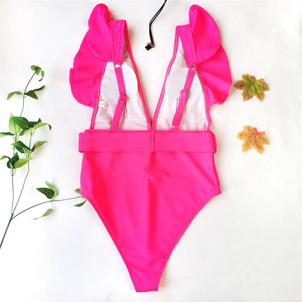 New Sexy Ruffled White Deep V One Piece Swimsuit Women Swimwear Female With Belt Monokini Bather Bathing Suit Swim Lady V2198