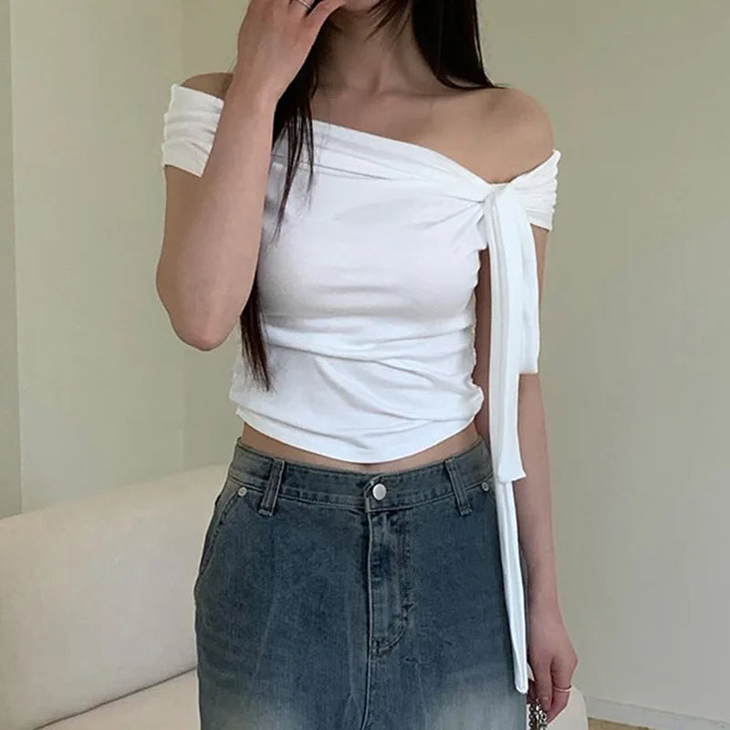 Korean Style Solid Color Women's Top Casual Slash neck Crop Top Fahionable Slim Fit White Tee Lady Summer Night Out Dress up