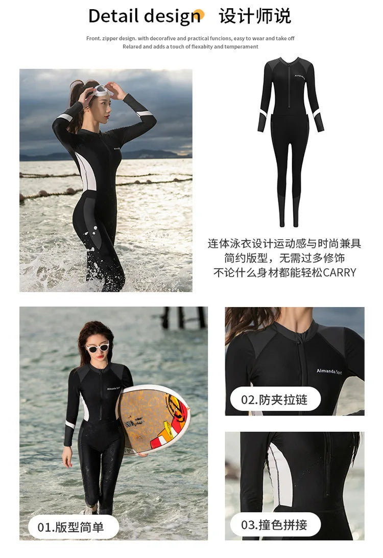 Women's One-piece Swimsuit with Long Sleeves and Pants Fully Wrapped for Sun Protection and Belly Coverage, Slimming Diving Suit