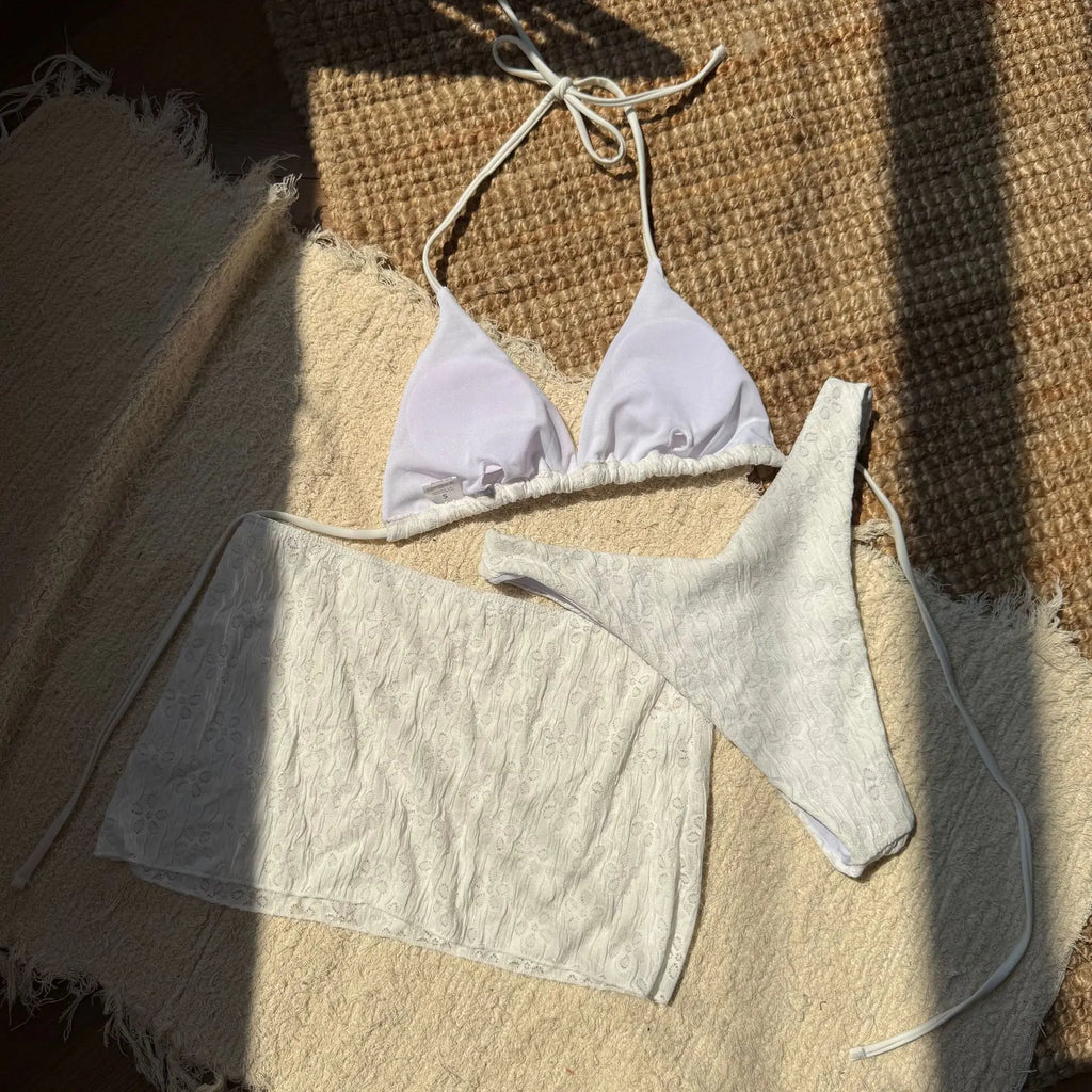 2025 New 3 Piece Bikini Set Women Sexy White Black Push Up Mesh Skirt Swimsuit Summer beach Bathing Suit Cover Up Thong Swimwear