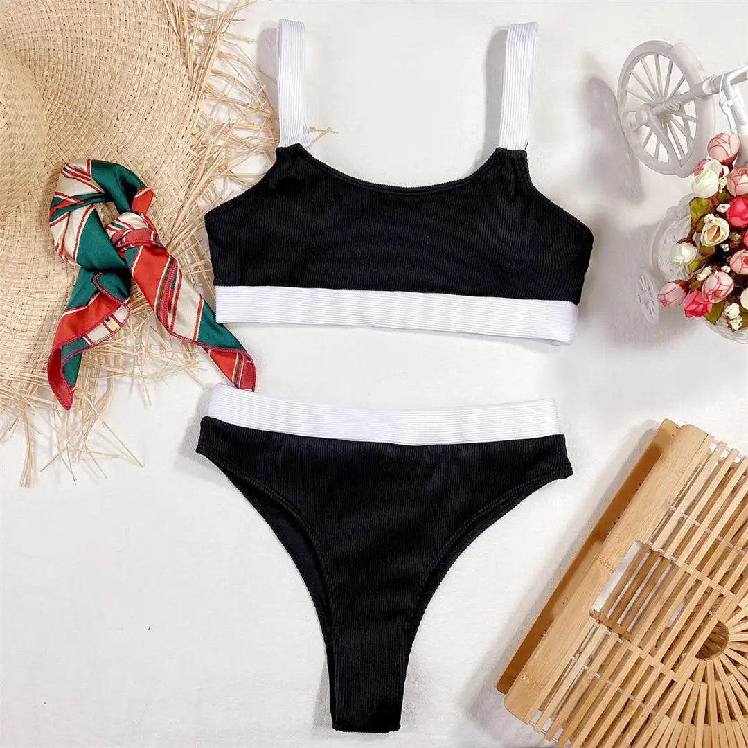 New Sexy Ribbed Splicing Female Swimsuit High Waist Bikini Women Swimwear Two-pieces Bikini Set Bather Bathing Suit Swim V2329