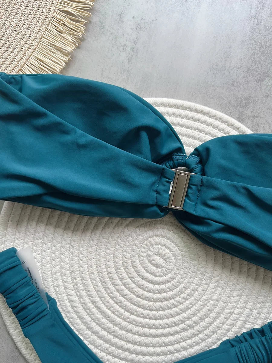 Wrinkled Bandeau High Cut Mini Thong Bikini Female Swimsuit Women Swimwear Two-pieces Bikini Set Bather Bathing Suit Swim Lady