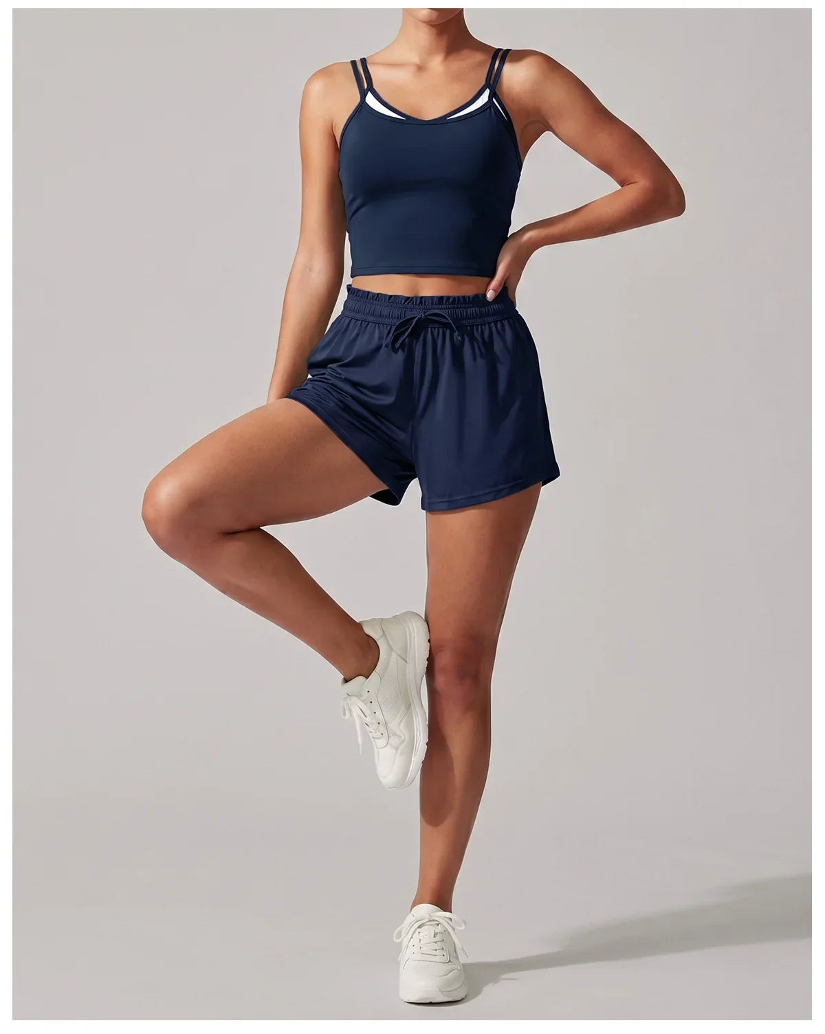 Women's New Summer Yoga Sets Color Blocked Double Strap Workout Tank Top Fitness Suit Drawstring High Waist Short Sport Set