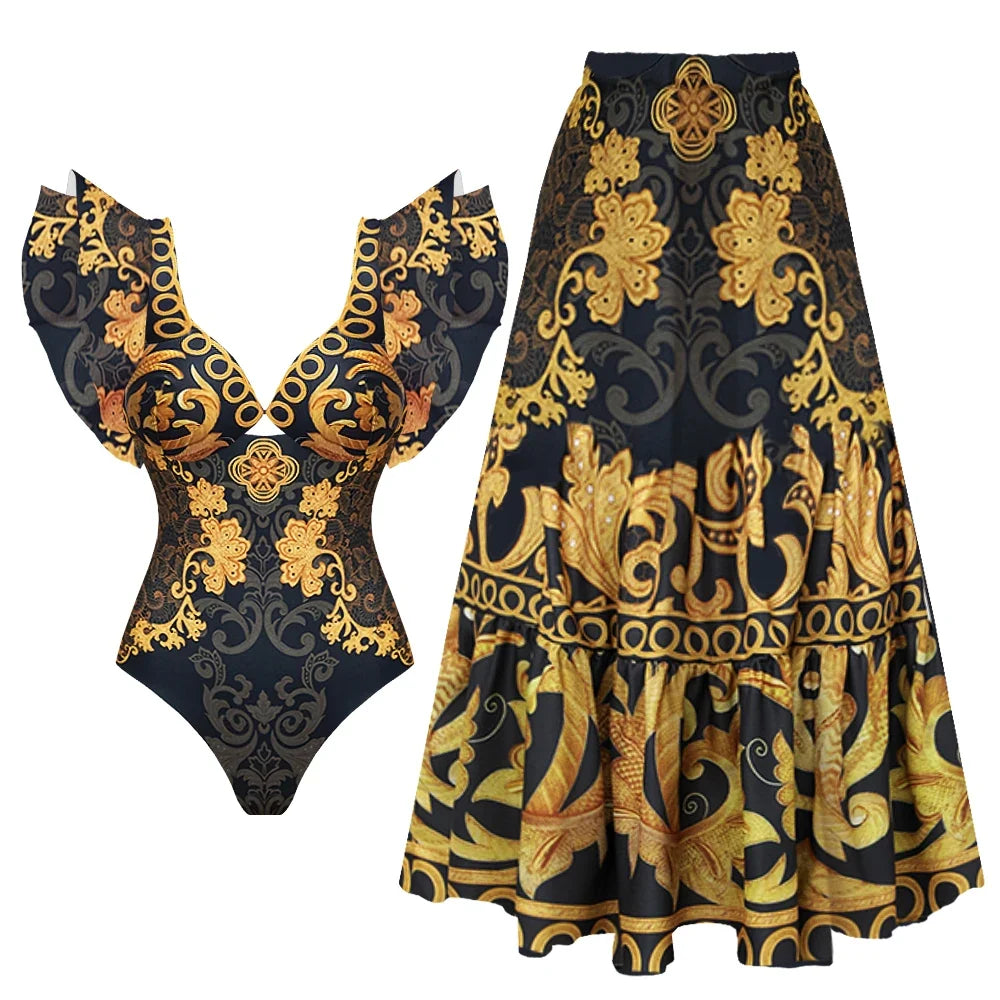 2026 New Swimsuit High-End Design 2Pcs Floral Print Ruffle Slimming Holiday Sexy Hot Spring One Piece Swimsuit for Women