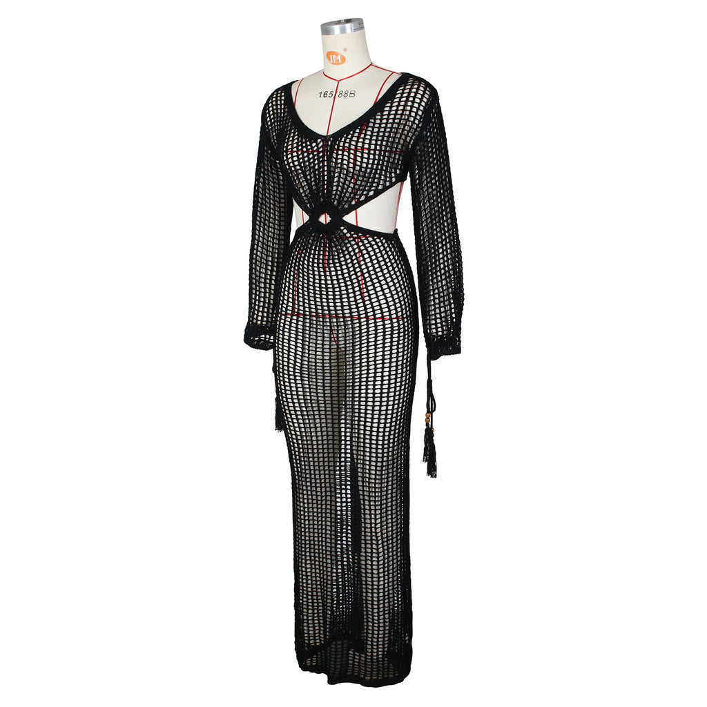 DEKA New Sexy Knit Mesh Cut Out Deep V Neck Long-sleeve Lace-up Fringe Tunic Summer Women Swimsuit Cover-ups Beach Maxi Dress