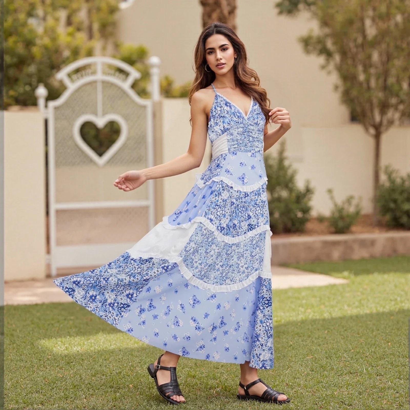 Women's Summer Floral Print Bohemian Long Dress Stylish Lace Patchwork Ruffled Trim Spaghetti Strap V Neck A-Line Dress