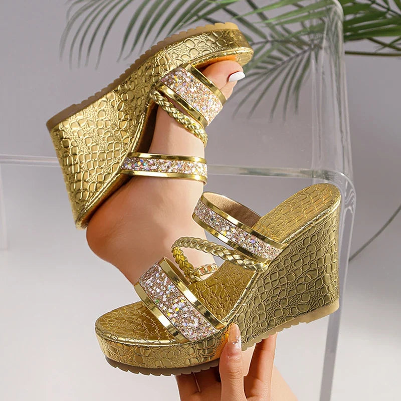 Gold Shiny Sequin Wedges Sandals Women Plus Size 42 Summer Chunky Platform Slippers Woman Crystal High Heel Party Shoes Ladies
