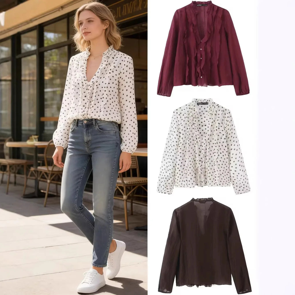 2026 Spring New Women Elegant Loose V Neck Wave Trim Polka Dot Blouse Thin Long Sleeve Top