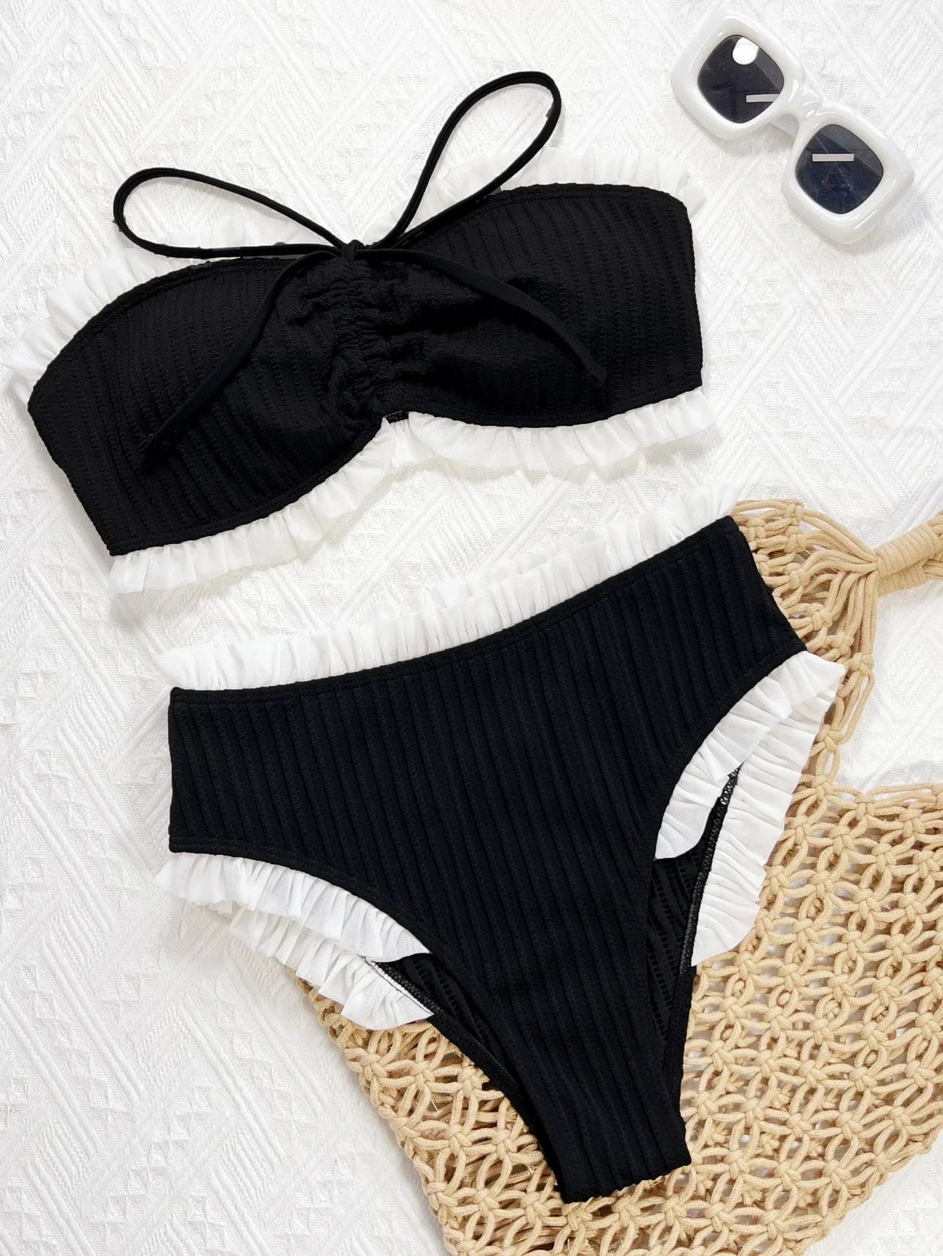DEKA Black Ruffles Bikini Set Strapless Bandeau Pleated Ruched High Leg Cut Women Swimwear Female Swimsuit Bather Bathing Suit