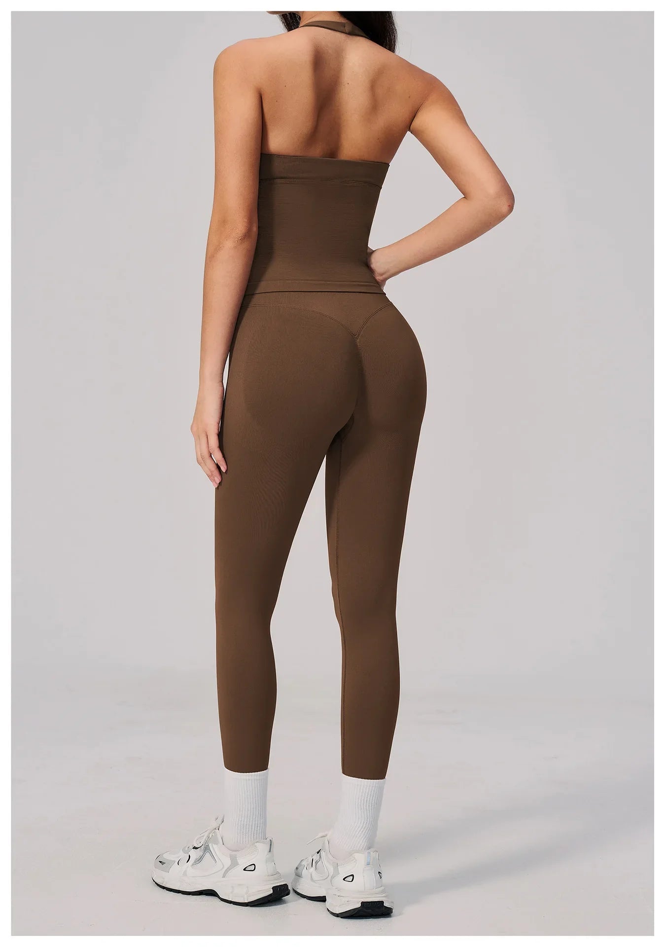 Summer Seamless Yoga Sets Women V Neck Slim Sports Tank Top Fitness Suit Peach Hip High Elasticity Leggings Running Tracksuit