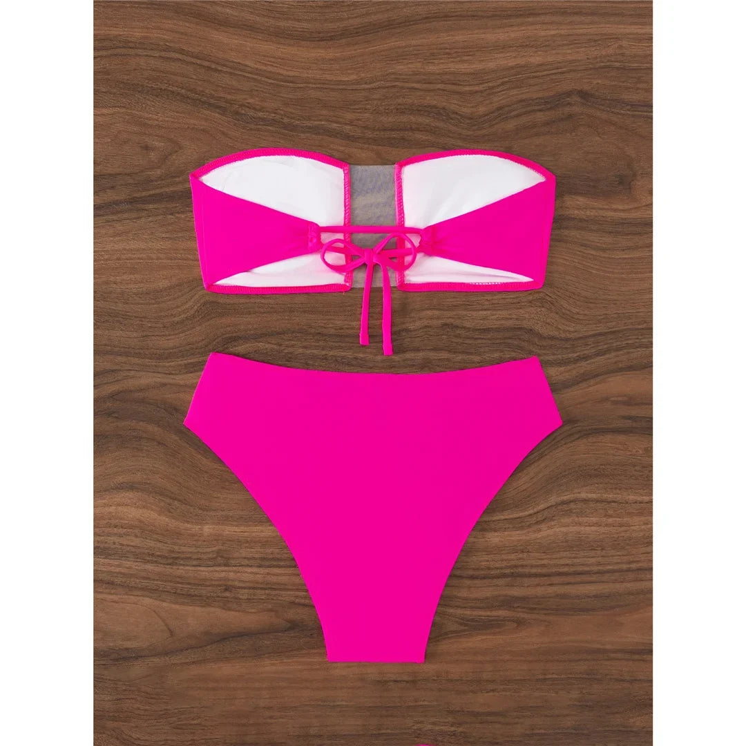 Sexy Bandeau Sheer Female Swimsuit High Waist Bikini Women Swimwear Two-pieces Bikini set Padded Bather Bathing Suit Swim K7063