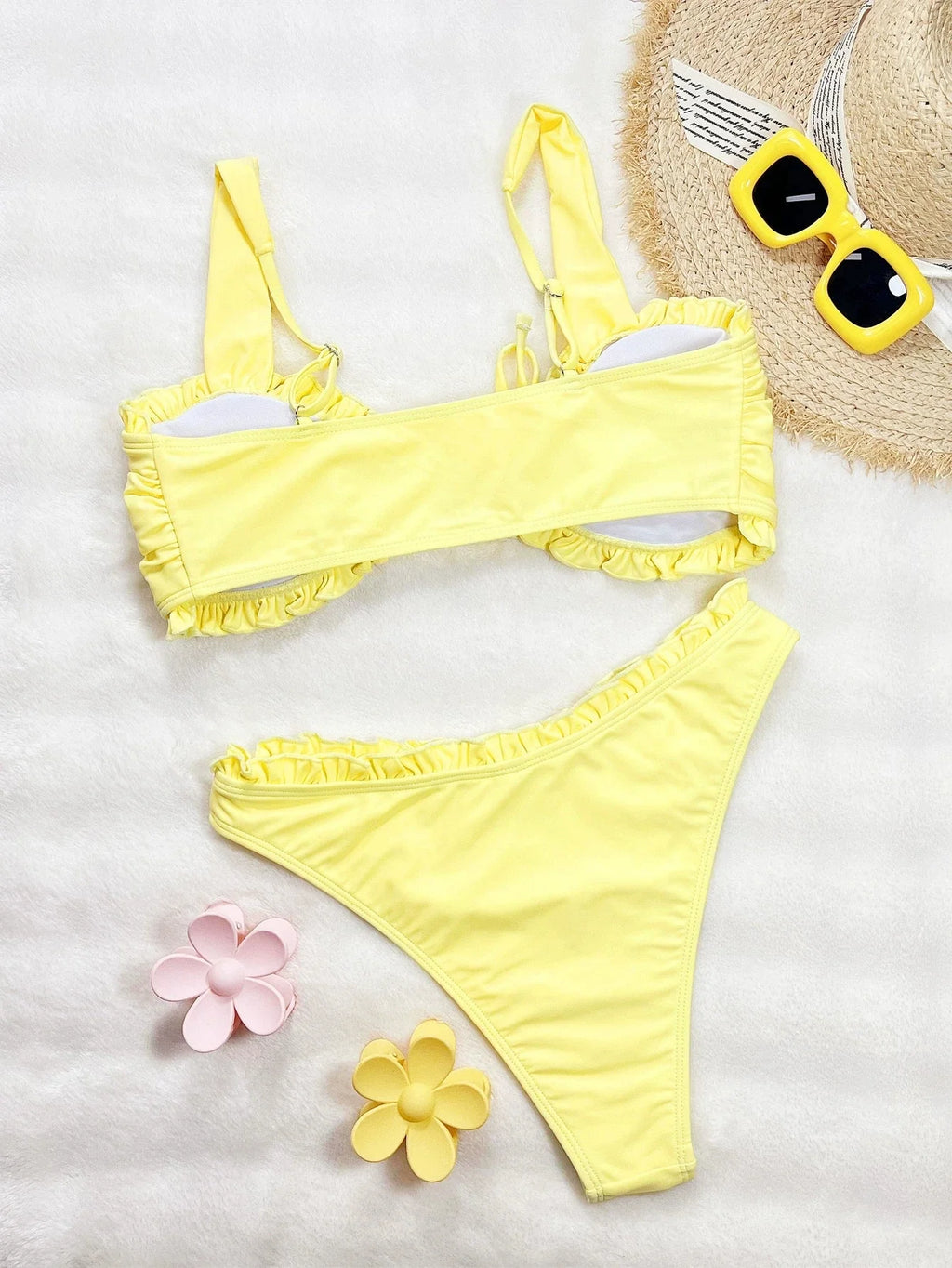 DEKA Ladies Yellow Bikini Set Bow Tie Sexy Swimsuit Tankini Fashion Ruffled Bikini Swimwear Women Swimming Suit Summer Beachwear