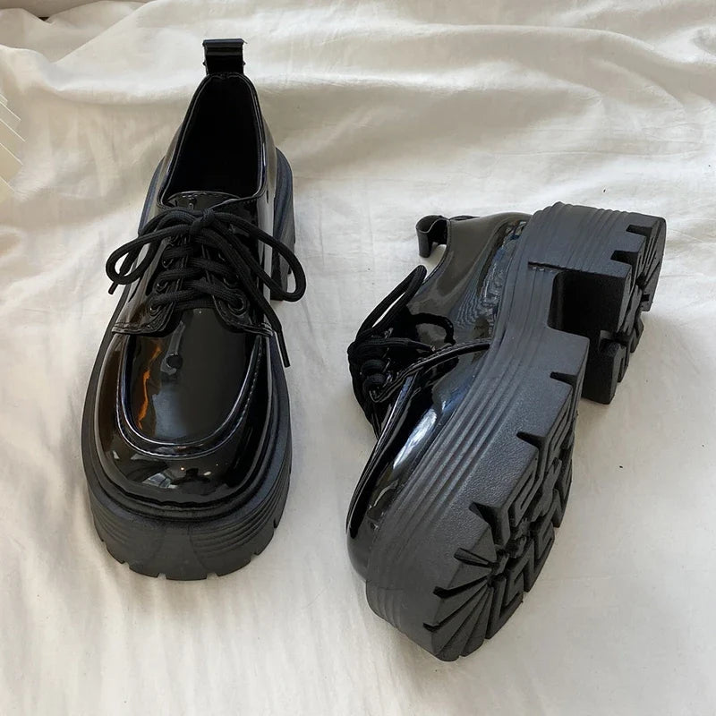 Retro Pu Leather Platform Oxford Shoes Women Japanese Style Thick Sole Black Student Shoes Woman Lace Up Thick Heel Pumps Female