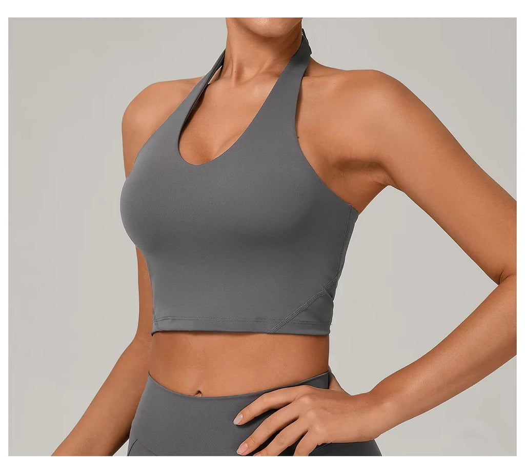 Women Fitness Sports Bra Halter Top High Support Push-up Open Back Gym Bra Shockproof Running Fitness Yoga Workout Underwear