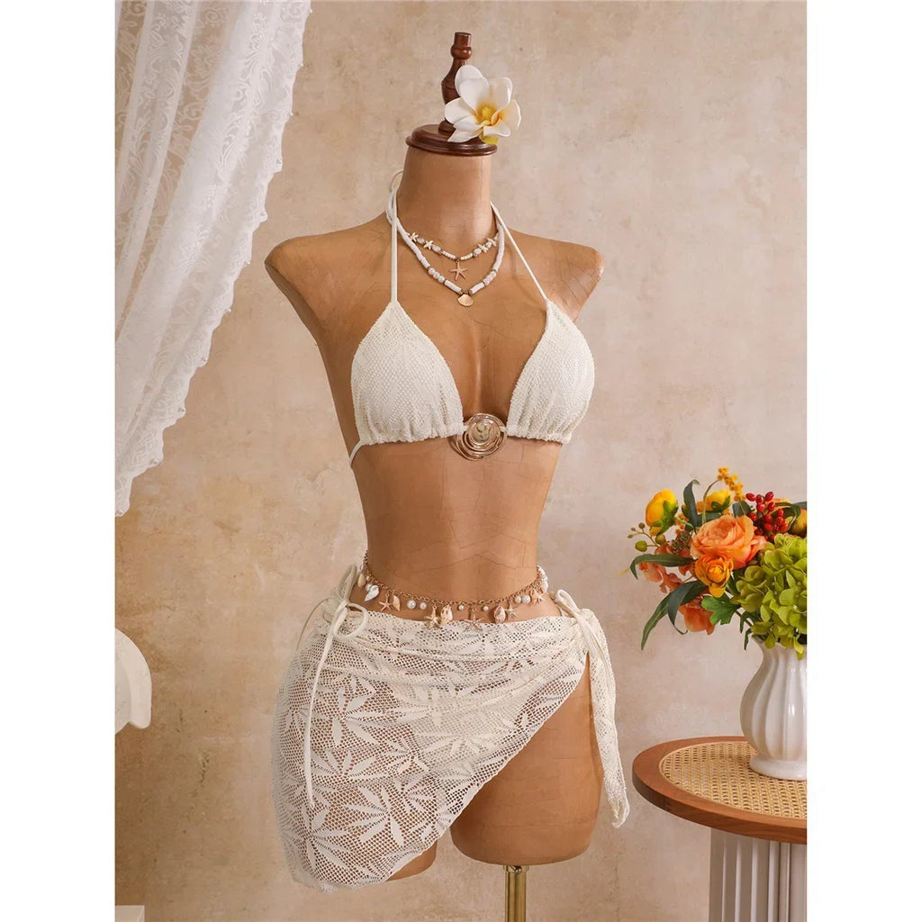 New Leaves Printed Halter Bikini Suit Female Swimsuit Women Swimwear Bather Bathing Suit Swim Three-Pieces Bikini Set
