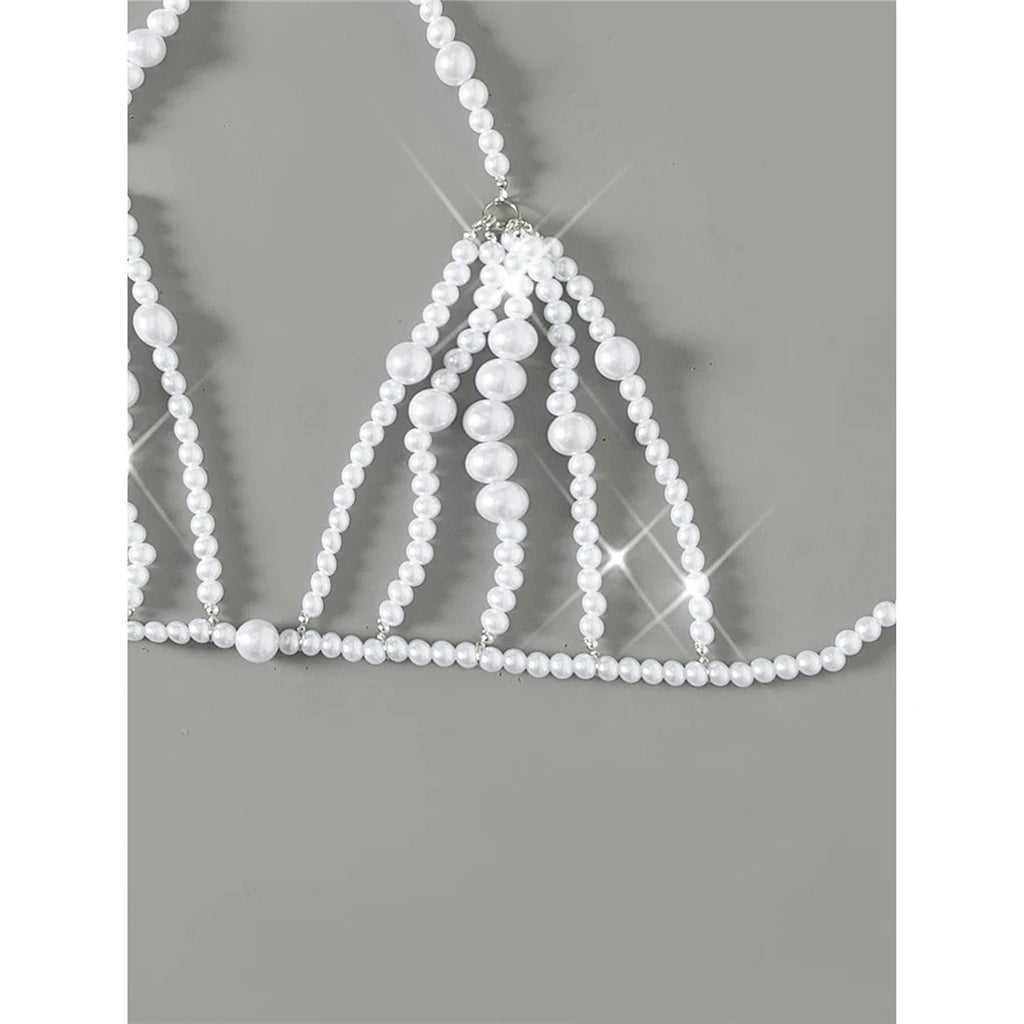 Luxury Pearls Halter Hollow Out See Through Bikini Top Female Swimsuit Women Swimwear Bather Bathing Suit Swim Beach Top V5409