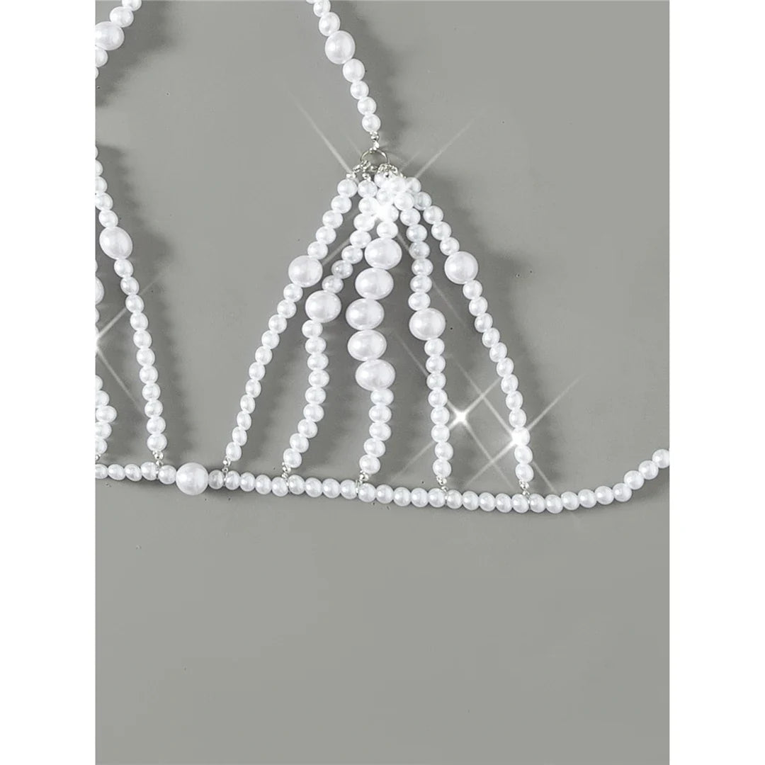 Luxury Pearls Halter Hollow Out See Through Bikini Top Female Swimsuit Women Swimwear Bather Bathing Suit Swim Beach Top V5409