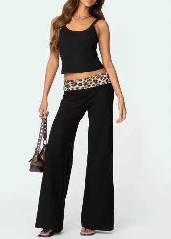 Women's spring and summer leopard print stitching micro-flared high-waisted casual trousers