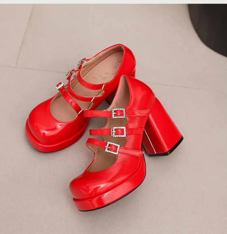 Plus Size Women Red Patent Leather Platform Mary Jane Shoes 3 Rhinestone Buckle Straps Chunky Block  Y2K Lolita Party Pumps