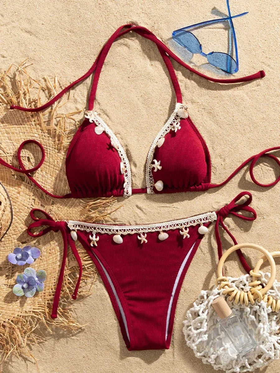 Shell Decoration Halter String Strappy Bikini Women Swimwear Female Swimsuit Two-pieces Bikini Set Ribbed Bathing Suit Swim Lady