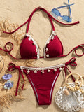 Shell Decoration Ribbed Bikini Women Swimwear Female Swimsuit Two-pieces Bikini Set Halter Strappy Bather Bathing Suit Swim Lady