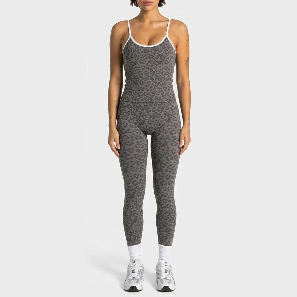 2Pcs Women Leopard Print Yoga Outfit Adjustable Strap Camisole Top High Waist Stretch Leggings Sports Pilates Workout Suit