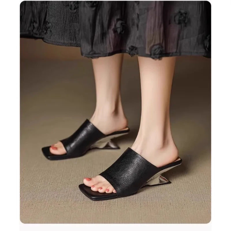 Luxe  Square Toe Slide Sandals Premium Leather One Strap Mules Chunky Sole Backless Loafers Dressy Casual Summer Shoes