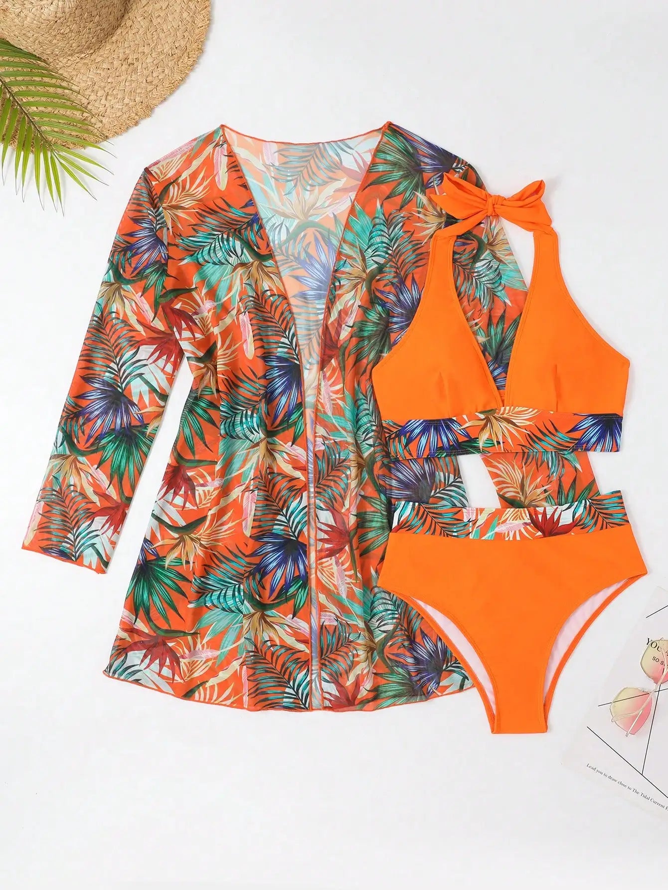 Halter Print Bikini 2026 Women Swimsuit With Kimono High Waist Swimwear Female Bathers Bathing Swimming Swim Suit Beachwear