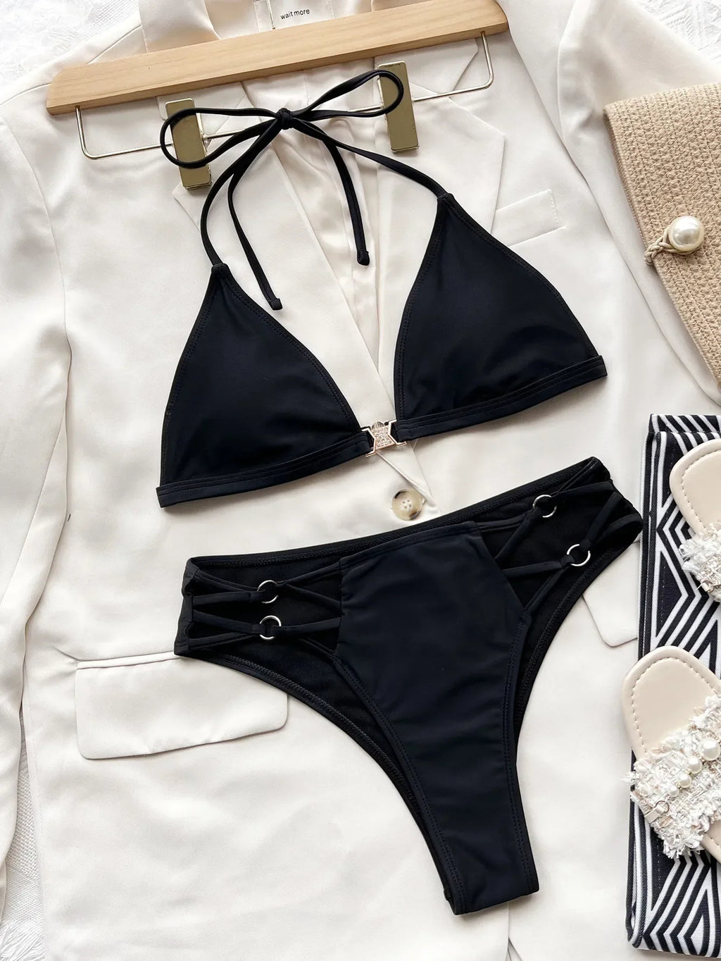 2026 New Sexy Bikini Women Black Hollow Halter Swimwear Swimsuit Bikinis Set Bathing Suit Bikini Female Push Up Rhinestone Decor