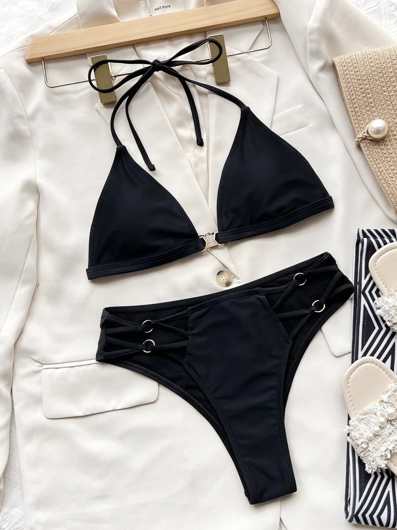 2026 New Sexy Bikini Women Black Hollow Halter Swimwear Swimsuit Bikinis Set Bathing Suit Bikini Female Push Up Rhinestone Decor