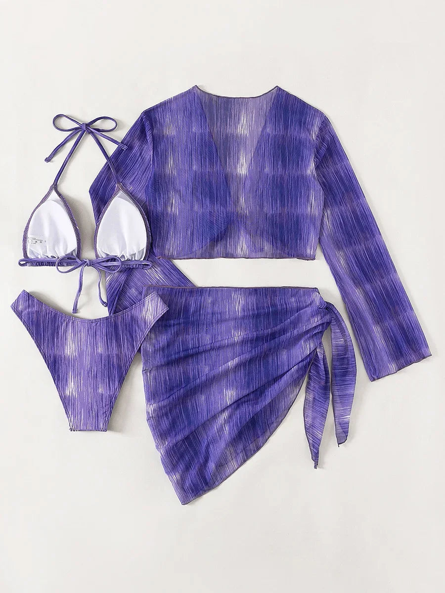 4PCS With Mesh Sheer Sarong Long Sleeve Bikini Female Swimsuit Women Swimwear Four-pieces Bikini Set Bathing Suit Swim Beachwear