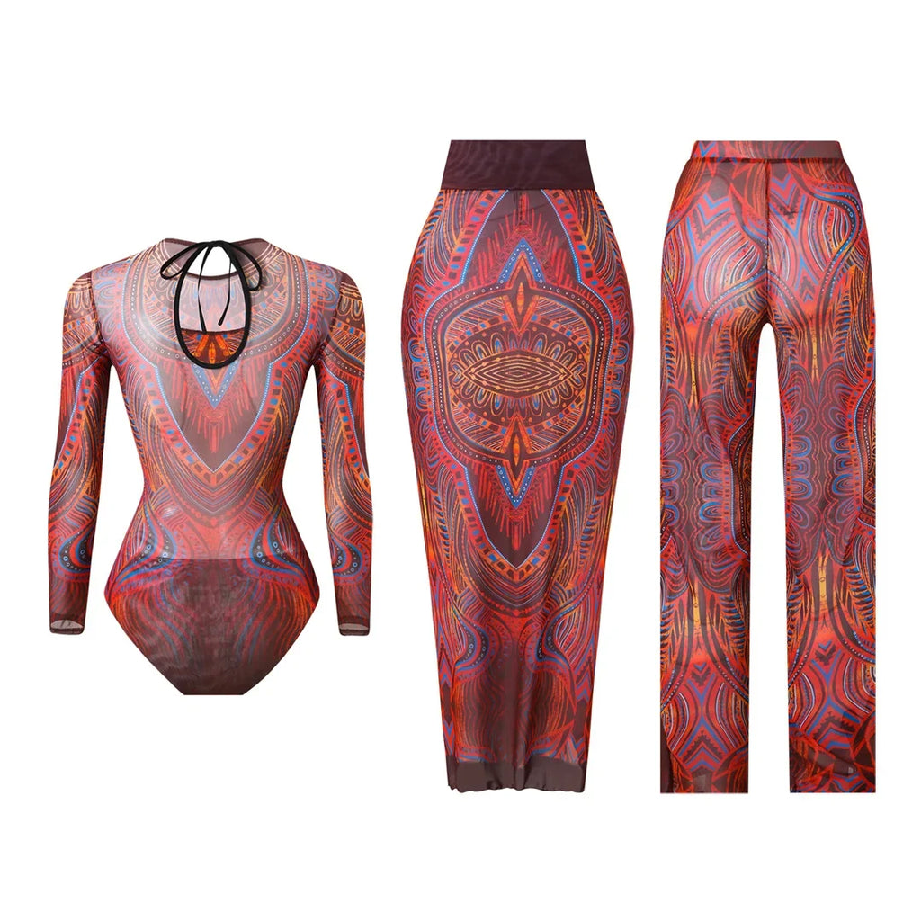 S - XXL 3PCS New Printed Long Sleeve With Pants Sarong Women Swimwear One Piece Swimsuit Female Bather Bathing Suit Swim V7180