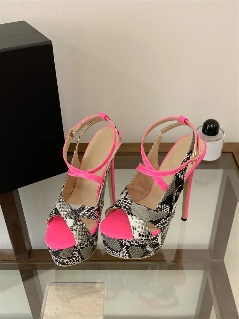 New Sexy Snake Print Leather Platform High Heels Sandals Women Fashion Peep Toe Buckle Strap Stiletto Party Dress Shoes