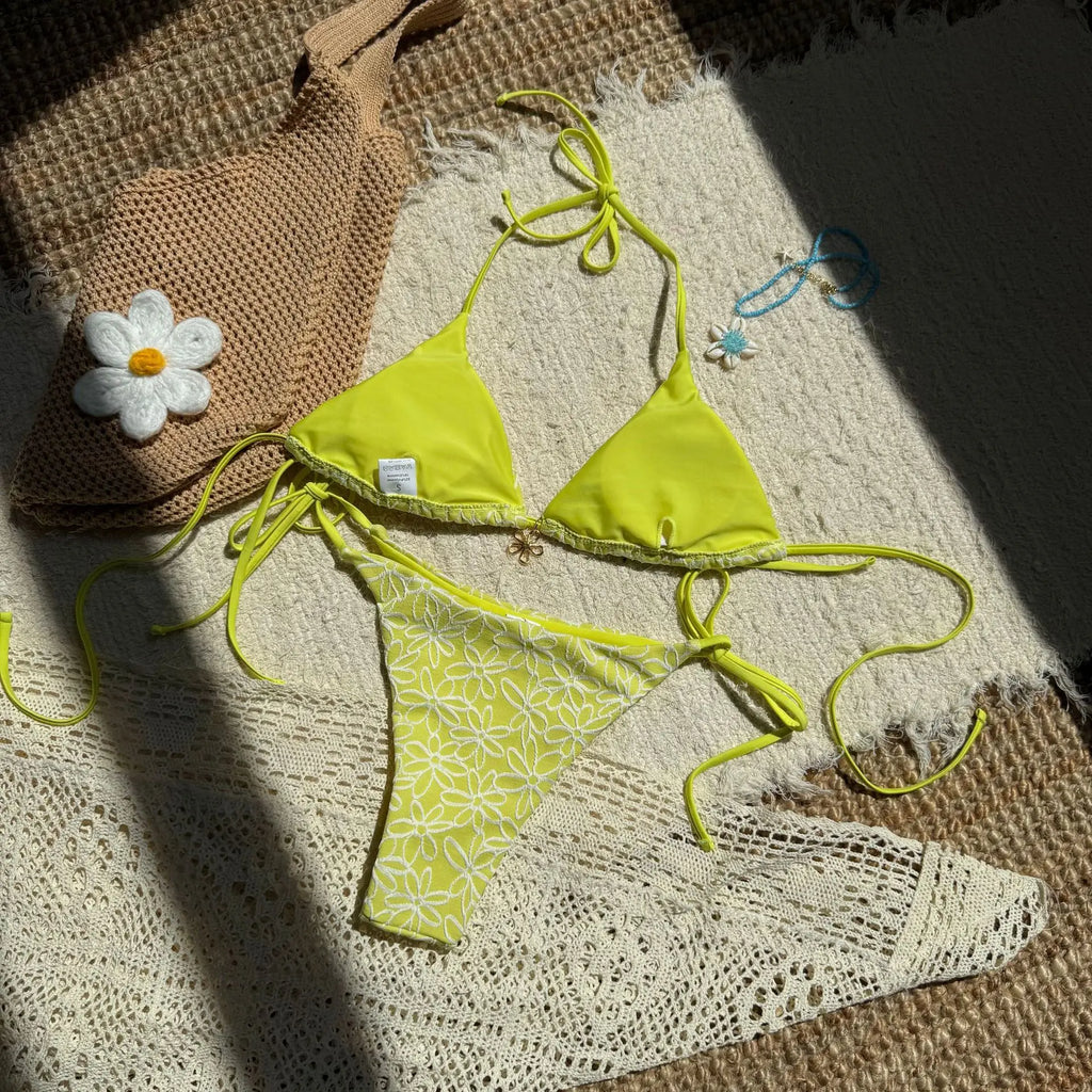Sexy Pink Mesh Flower Bikini Set Women Halter Push Up Bra Bandage Triangle Swimsuit 2025 Summer Bathing Suit Vacation Swimwear