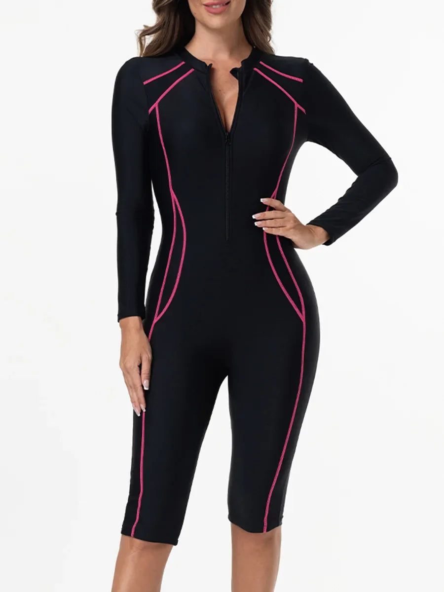 2026 Zipper Slim One Piece Swimsuit Women Long Sleeve & Knee Swimwear Female Bather Bathing Swimming Swim Surf Suit Beachwear